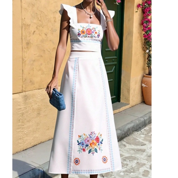 Boho Floral Print Ruffle Cap Sleeve Cropped Top Maxi Skirt Set - Picture 1 of 8